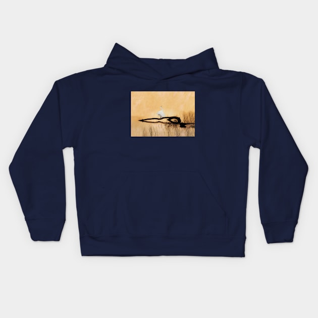 Great White Egret on Golden Pond Kids Hoodie by lauradyoung